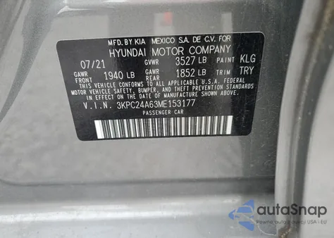 2021 Hyundai Accent Se z USA, uszkodzony, nr VIN 3KPC24A63ME153177